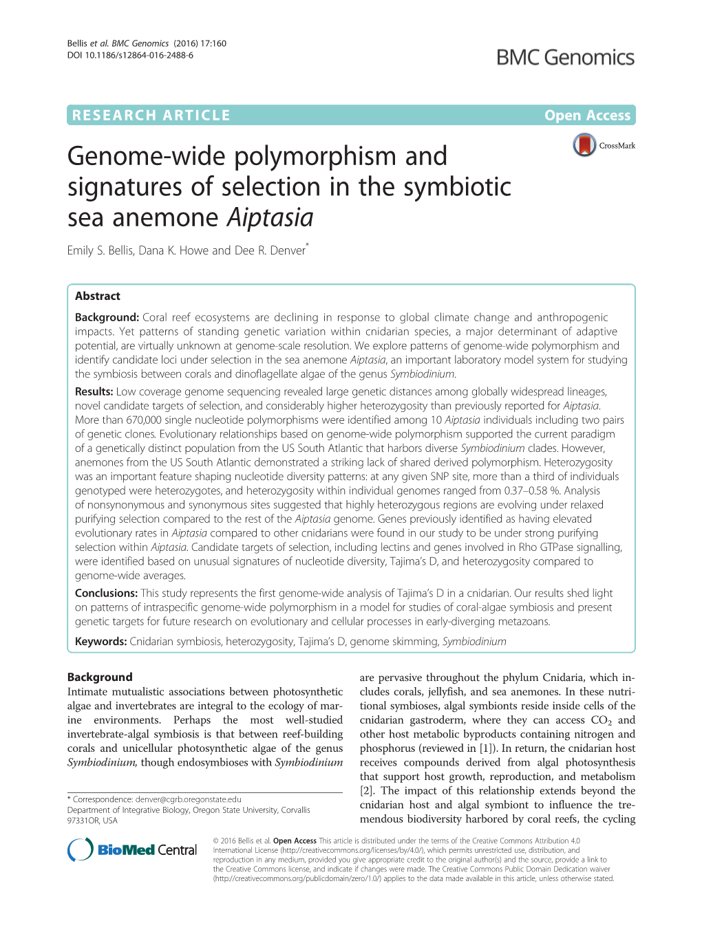 Genome-Wide Polymorphism and Signatures of Selection in the Symbiotic Sea Anemone Aiptasia Emily S