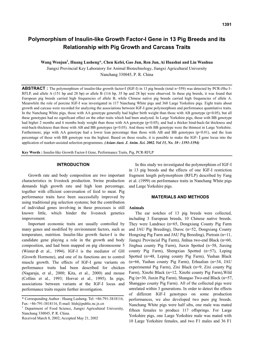 Polymorphism of Insulin-Like Growth Factor-I Gene in 13 Pig Breeds and Its Relationship with Pig Growth and Carcass Traits