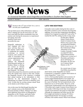 Ode News an Occasional Newsletter About Dragonflies and Damselflies in Southern New England