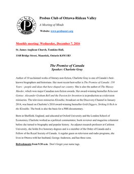Probus Club of Ottawa-Rideau Valley the Promise of Canada