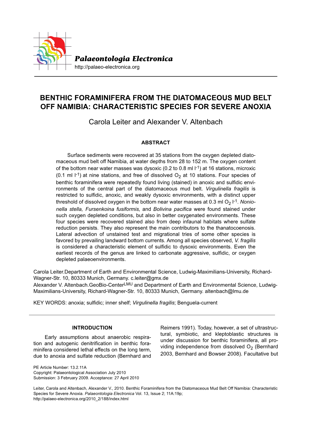 Benthic Foraminifera from the Diatomaceous Mud Belt Off Namibia: Characteristic Species for Severe Anoxia