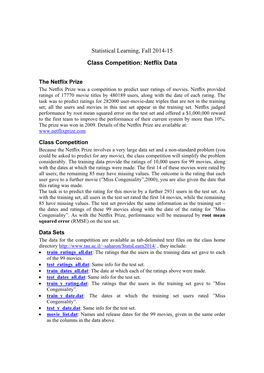 Statistical Learning, Fall 2014-15 Class Competition: Netflix Data