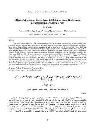 Effect of Cholesterol Biosynthesis Inhibitor on Some Biochemical Parameters in Normal Male Rats ﺒﻌض اﻟﻤﻌﺎﻴﻴر