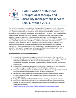 OT Position Statement Occupational Therapy and Disability Management Services (2004, Revised 2011)