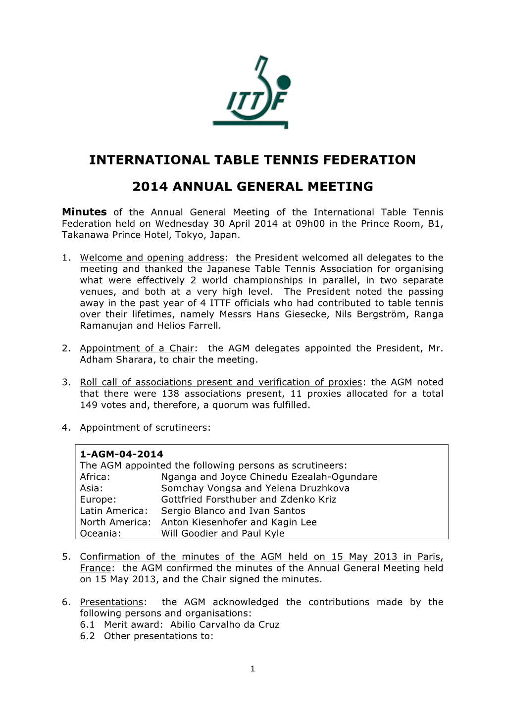 International Table Tennis Federation 2014 Annual General Meeting