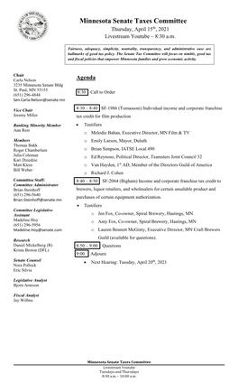 Minnesota Senate Taxes Committee Thursday, April 15Th, 2021 Livestream Youtube – 8:30 A.M