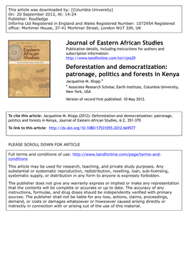 Patronage, Politics and Forests in Kenya Jacqueline M