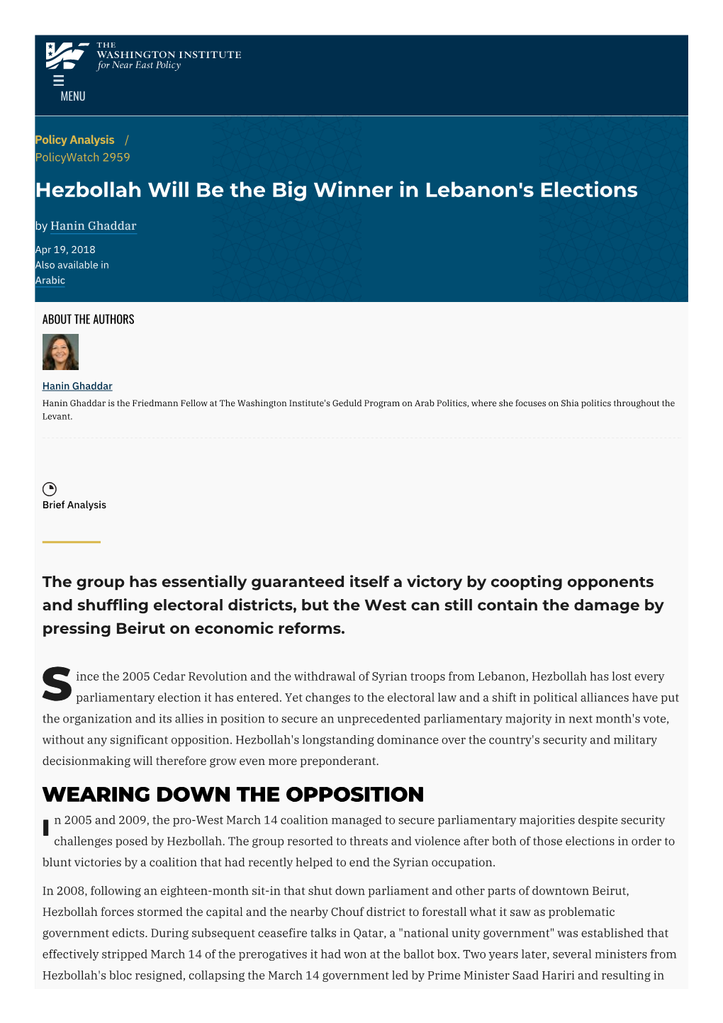 Hezbollah Will Be the Big Winner in Lebanon's Elections | the Washington Institute