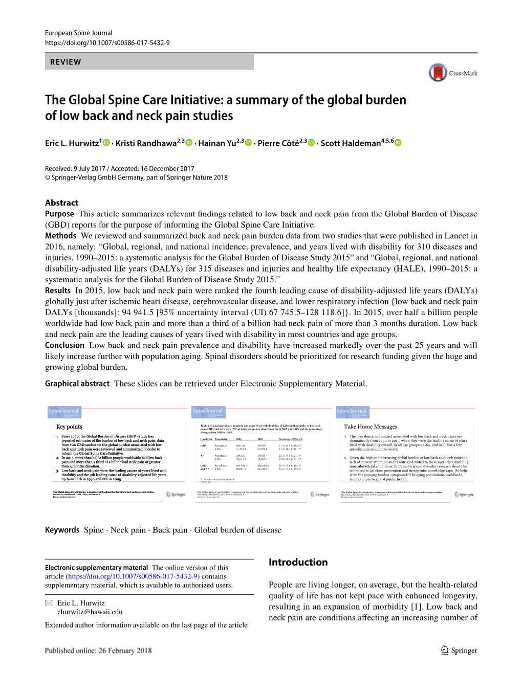 The Global Spine Care Initiative: a Summary of the Global Burden of Low Back and Neck Pain Studies