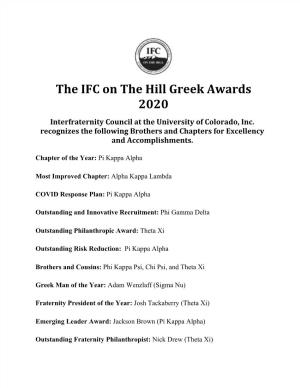 The IFC on the Hill Greek Awards 2020 Interfraternity Council at the University of Colorado, Inc