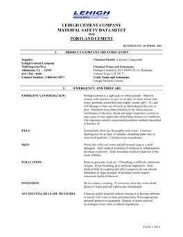 Lehigh Cement Company Material Safety Data Sheet for Portland Cement