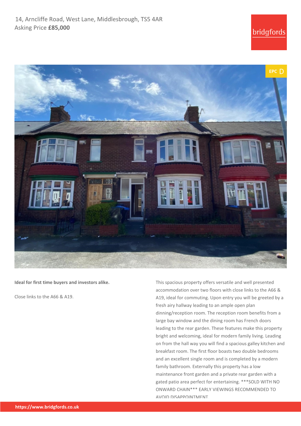 14, Arncliffe Road, West Lane, Middlesbrough, TS5 4AR Asking Price £85,000