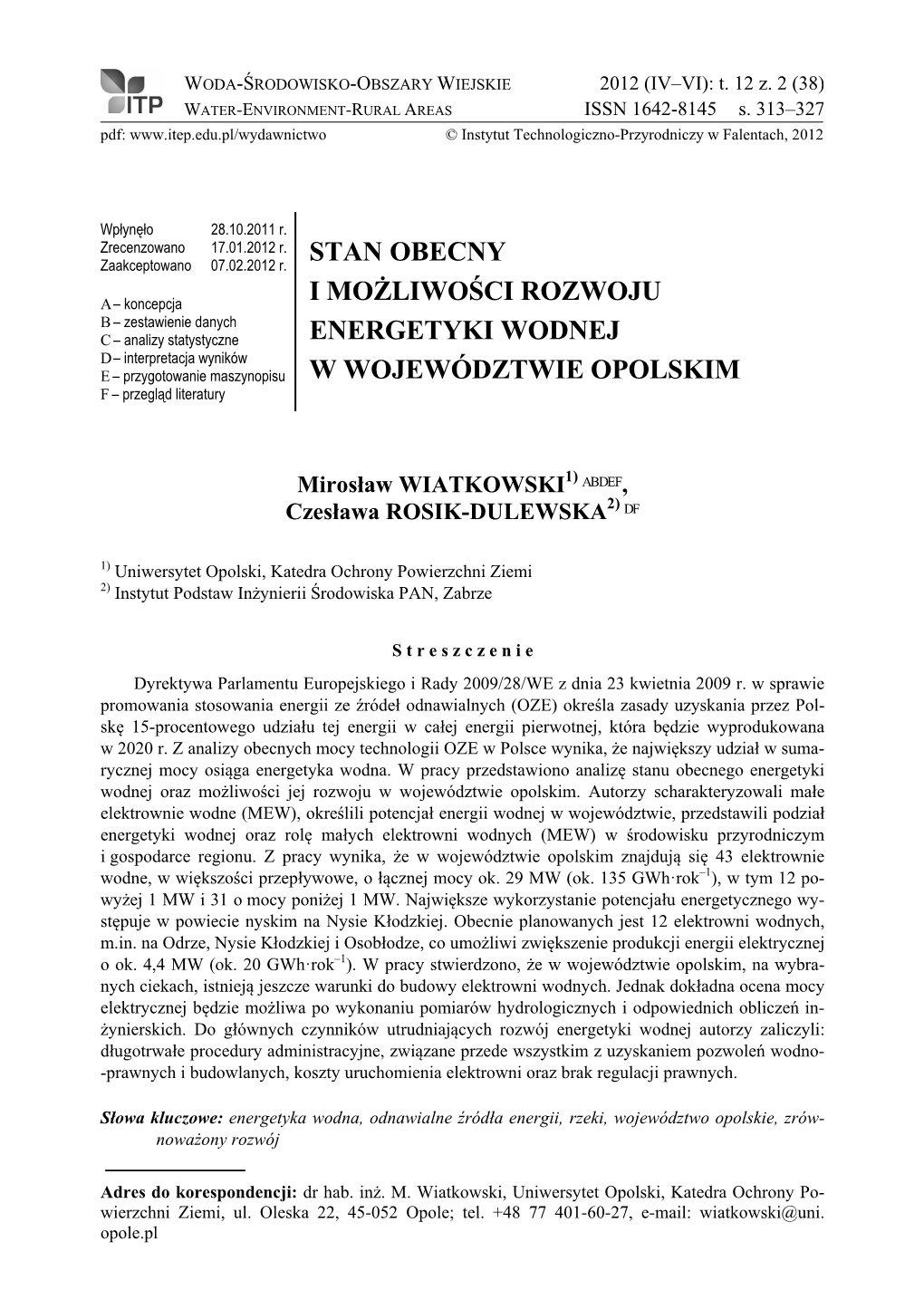 Stan Obecny I Możliwości Rozwoju Energetyki Wodnej W Województwie Opolskim