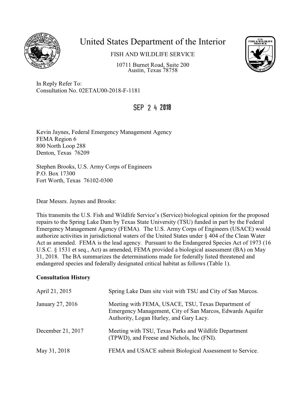 USFWS Biological Opinion for the Proposed Repairs to the Spring Lake