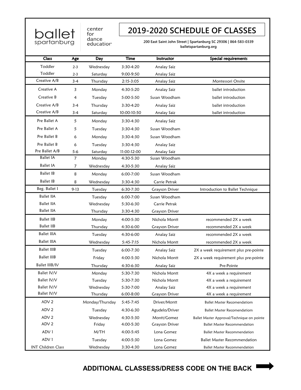 2019-2020 Schedule of Classes