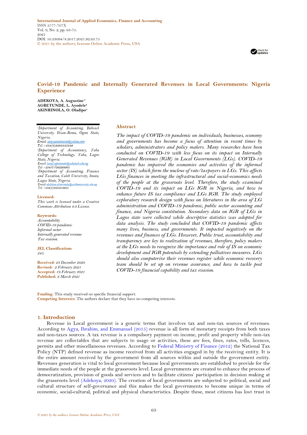 Covid-19 Pandemic and Internally Generated Revenues in Local Governments: Nigeria Experience