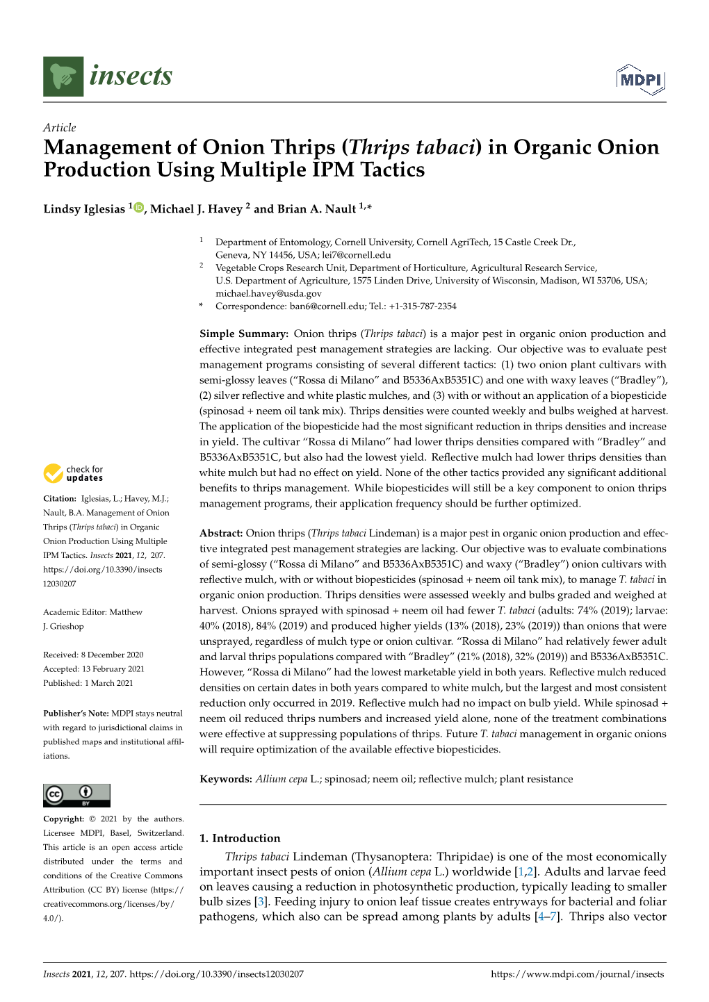 (Thrips Tabaci) in Organic Onion Production Using Multiple IPM Tactics