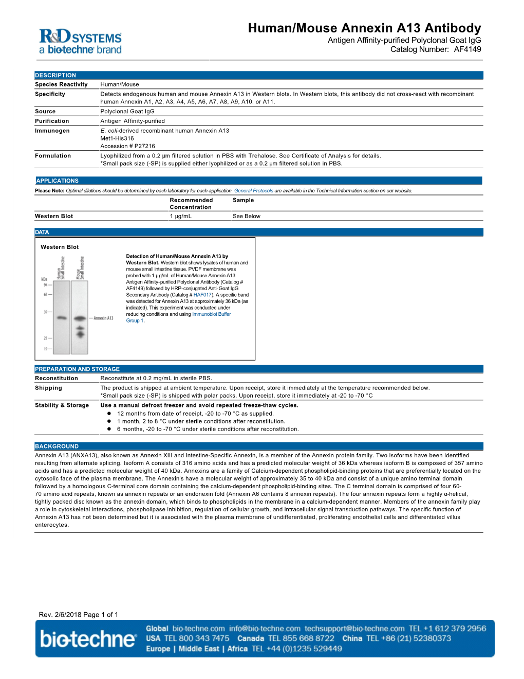 Human/Mouse Annexin A13 Antibody Antigen Affinity-Purified Polyclonal Goat Igg Catalog Number: AF4149