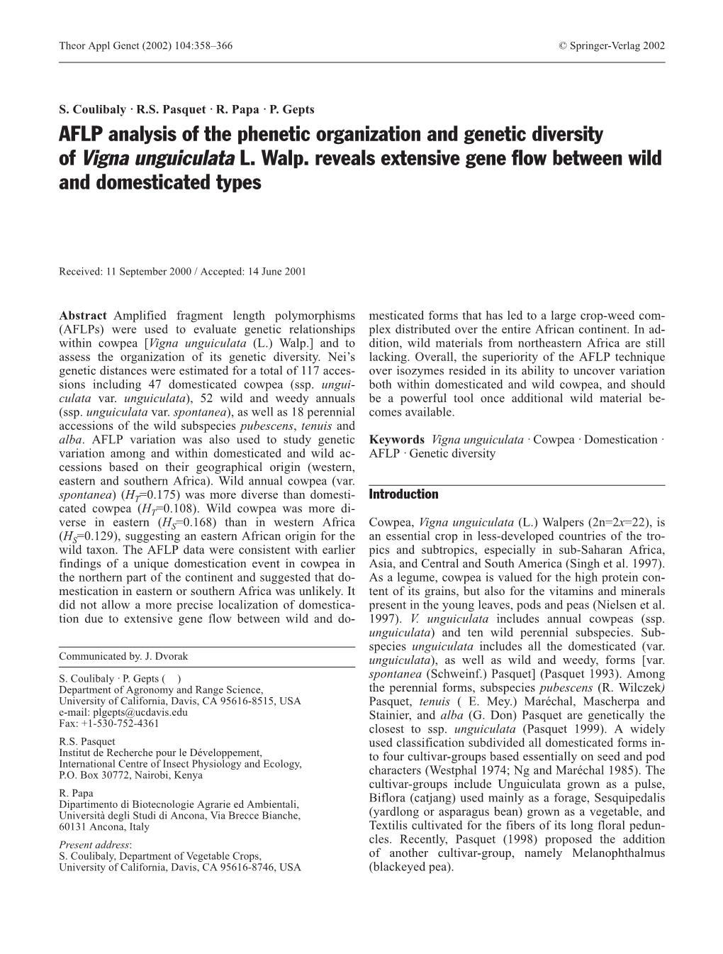 AFLP Analysis of the Phenetic Organization and Genetic Diversity of Vigna Unguiculata L