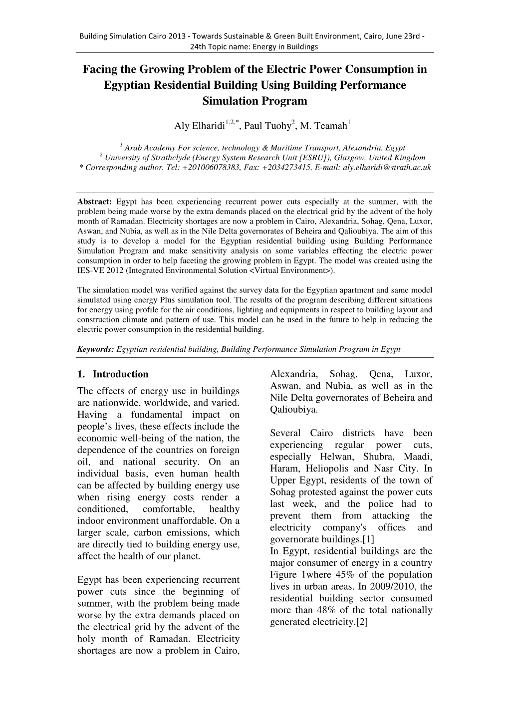 Facing the Growing Problem of the Electric Power Consumption in Egyptian Residential Building Using Building Performance Simulation Program