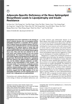 Adipocyte-Specific Deficiency of De Novo Sphingolipid Biosynthesis Leads to Lipodystrophy and Insulin Resistance