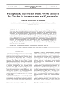 Susceptibility of Zebra Fish Danio Rerio to Infection by Flavobacterium Columnare and F