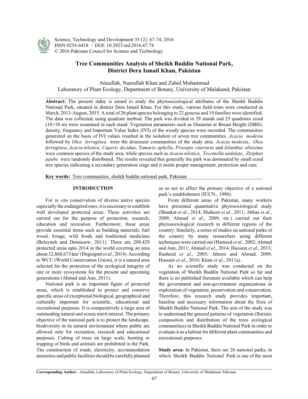 Tree Communities Analysis of Sheikh Buddin National Park, District Dera Ismail Khan, Pakistan