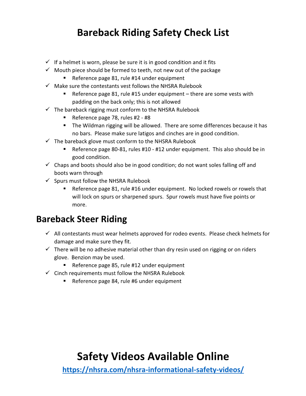 Roughstock Saftey Checklist
