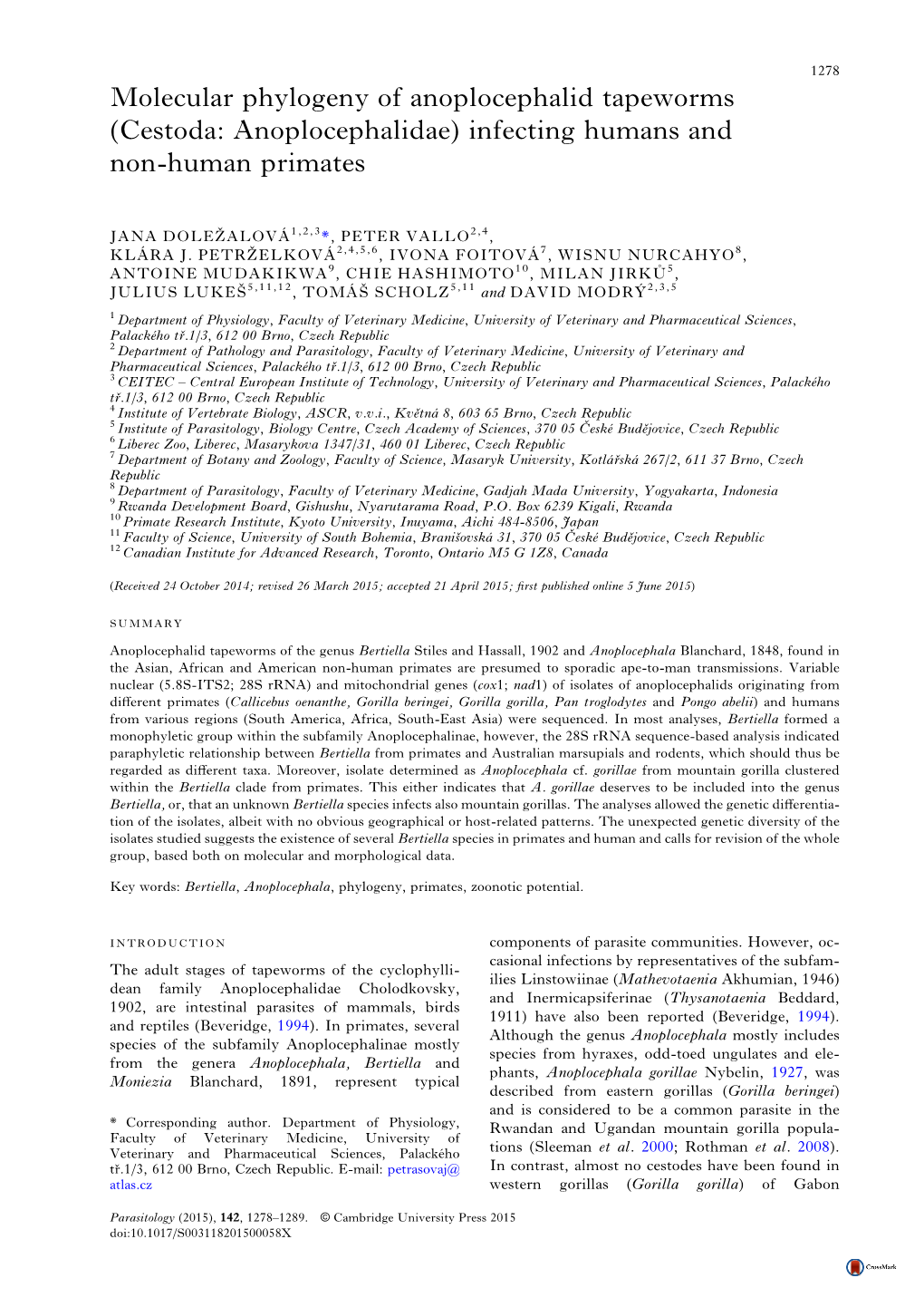 Molecular Phylogeny of Anoplocephalid Tapeworms (Cestoda: Anoplocephalidae) Infecting Humans and Non-Human Primates