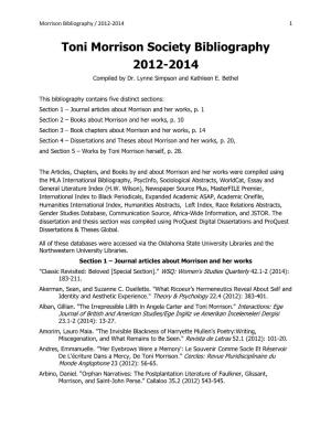 Toni Morrison Society Bibliography 2012-2014 Compiled by Dr
