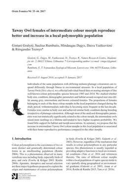 Tawny Owl Females of Intermediate Colour Morph Reproduce Better and Increase in a Local Polymorphic Population