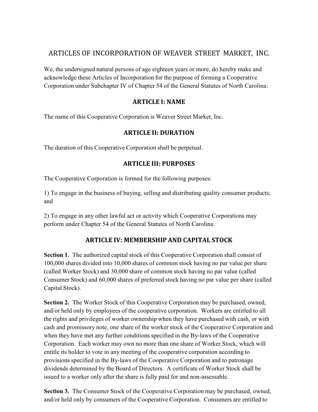 Articles of Incorporation of Weaver Street Market, Inc