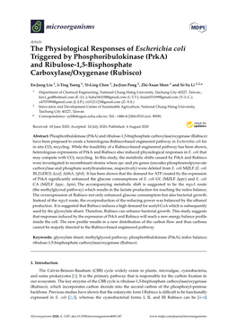 The Physiological Responses of Escherichia Coli Triggered by Phosphoribulokinase (Prka) and Ribulose-1,5-Bisphosphate Carboxylase/Oxygenase (Rubisco)