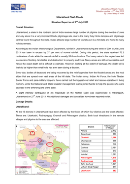 Uttarakhand Flash Floods: Situation Update – 2Nd July 2013 by United Way of India Uttarakhand Flash Floods