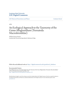 An Ecological Approach to the Taxonomy of the Genus Alloglossidium (Trematoda: Macroderoididae)