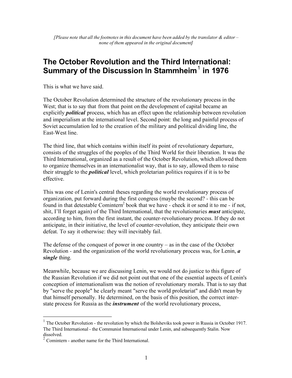 The October Revolution and the Third International: Summary of the Discussion in Stammheim1 in 1976