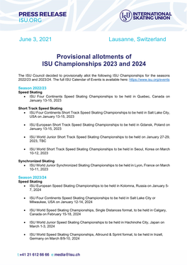 Provisional Allotments of ISU Championships 2023 and 2024
