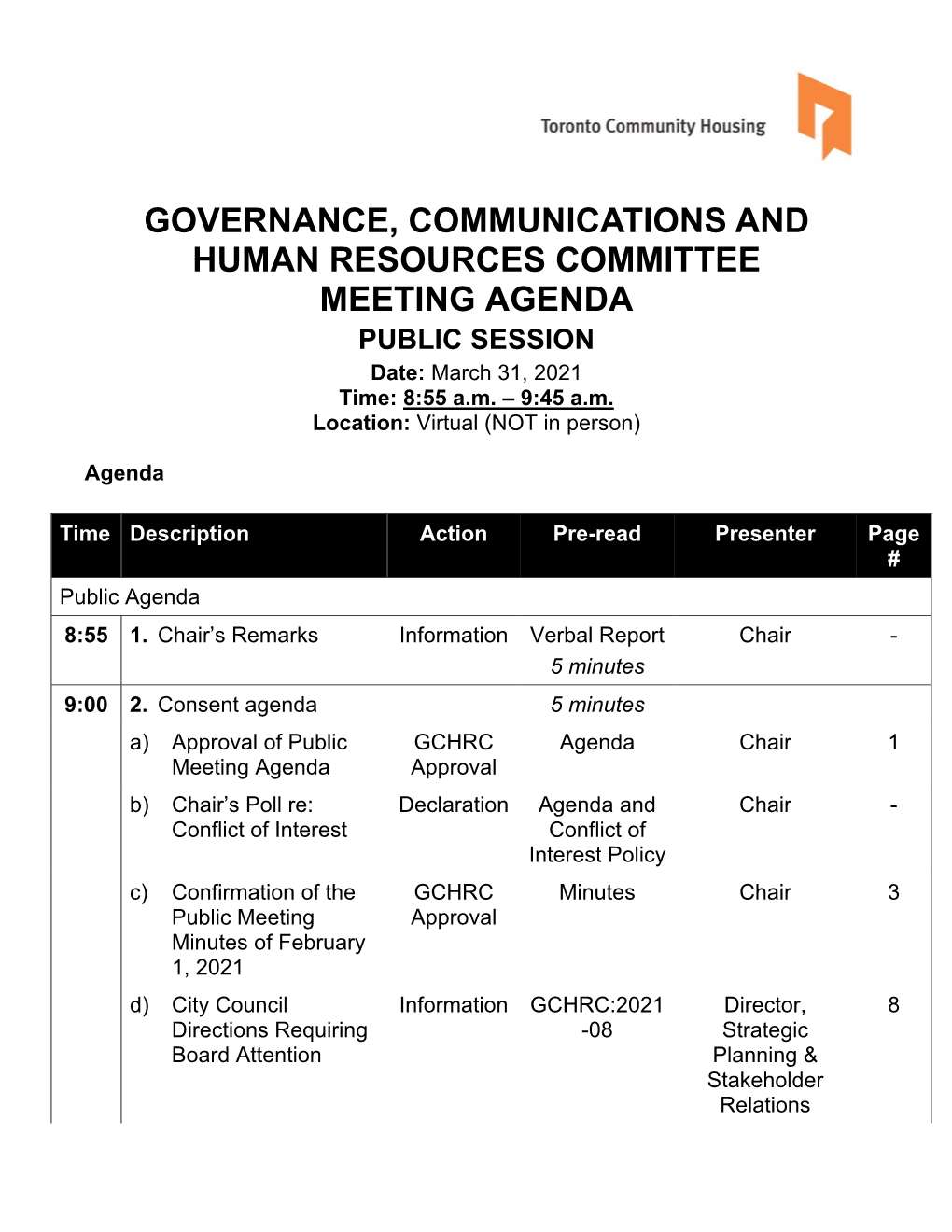 GOVERNANCE, COMMUNICATIONS and HUMAN RESOURCES COMMITTEE MEETING AGENDA PUBLIC SESSION Date: March 31, 2021 Time: 8:55 A.M