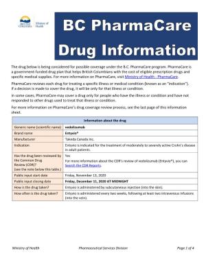 B.C. Pharmacare Drug Information Sheet for Vedolizumab (Entyvio)