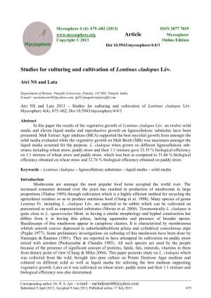 Studies for Culturing and Cultivation of Lentinus Cladopus Lév