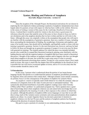 Syntax, Binding and Patterns of Anaphora Ken Safir, Rutgers University - Version 1.0