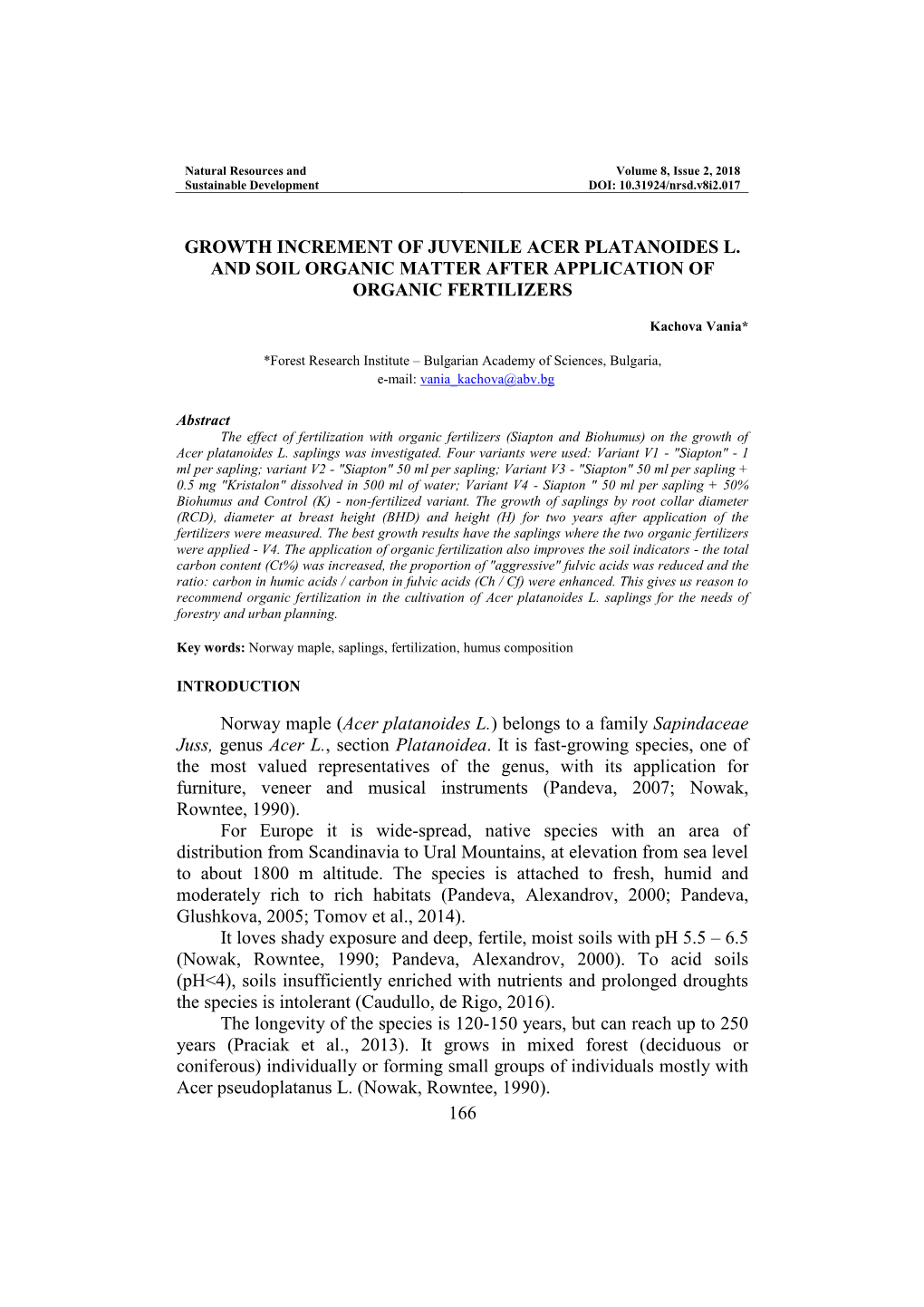 166 Growth Increment of Juvenile Acer Platanoides L