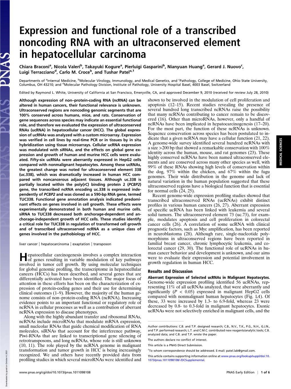 Expression and Functional Role of a Transcribed Noncoding RNA with an Ultraconserved Element in Hepatocellular Carcinoma