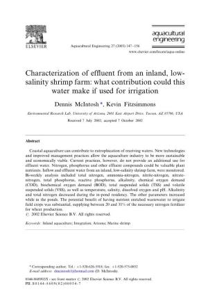 Characterization of Effluent from an Inland, Low- Salinity Shrimp Farm
