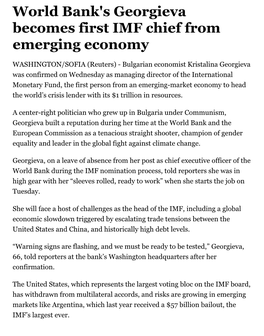 World Bank's Georgieva Becomes First IMF Chief from Emerging Economy