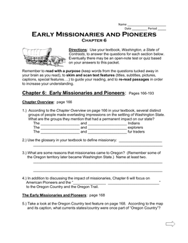 Early Missionaries and Pioneers Chapter 6