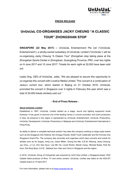 Unusual CO-ORGANISES JACKY CHEUNG “A CLASSIC TOUR” ZHONGSHAN STOP