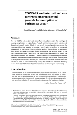 COVID-19 and International Sale Contracts: Unprecedented Grounds