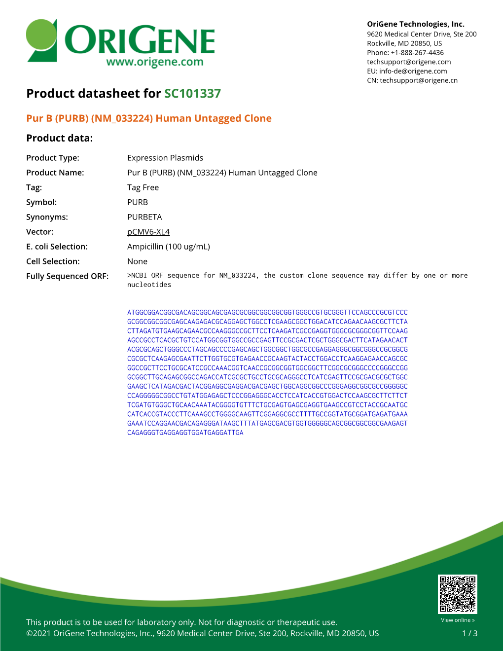 (PURB) (NM 033224) Human Untagged Clone Product Data