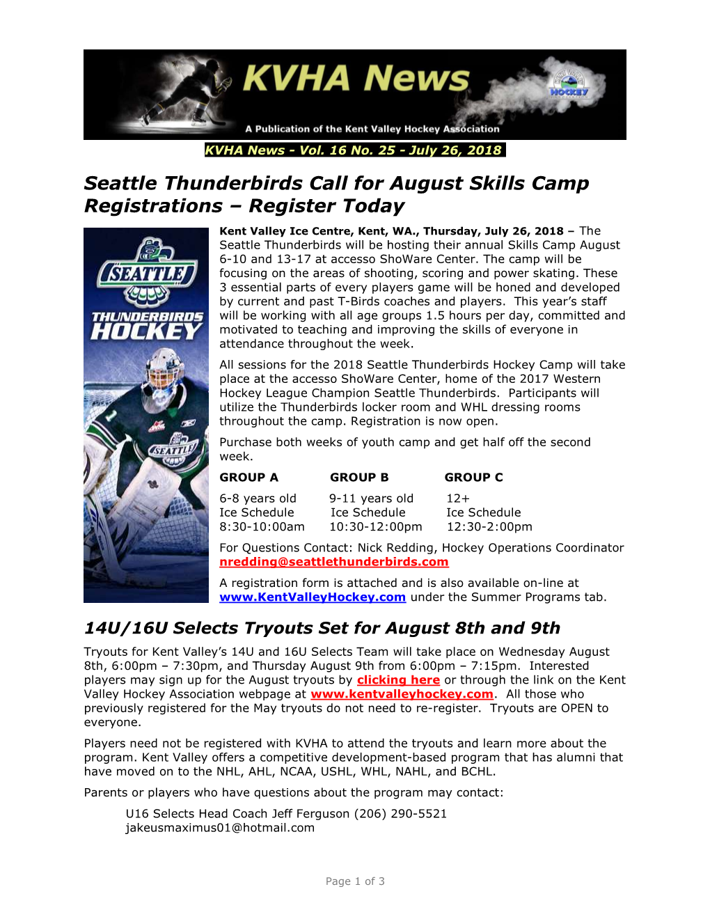 Seattle Thunderbirds Call for August Skills Camp Registrations